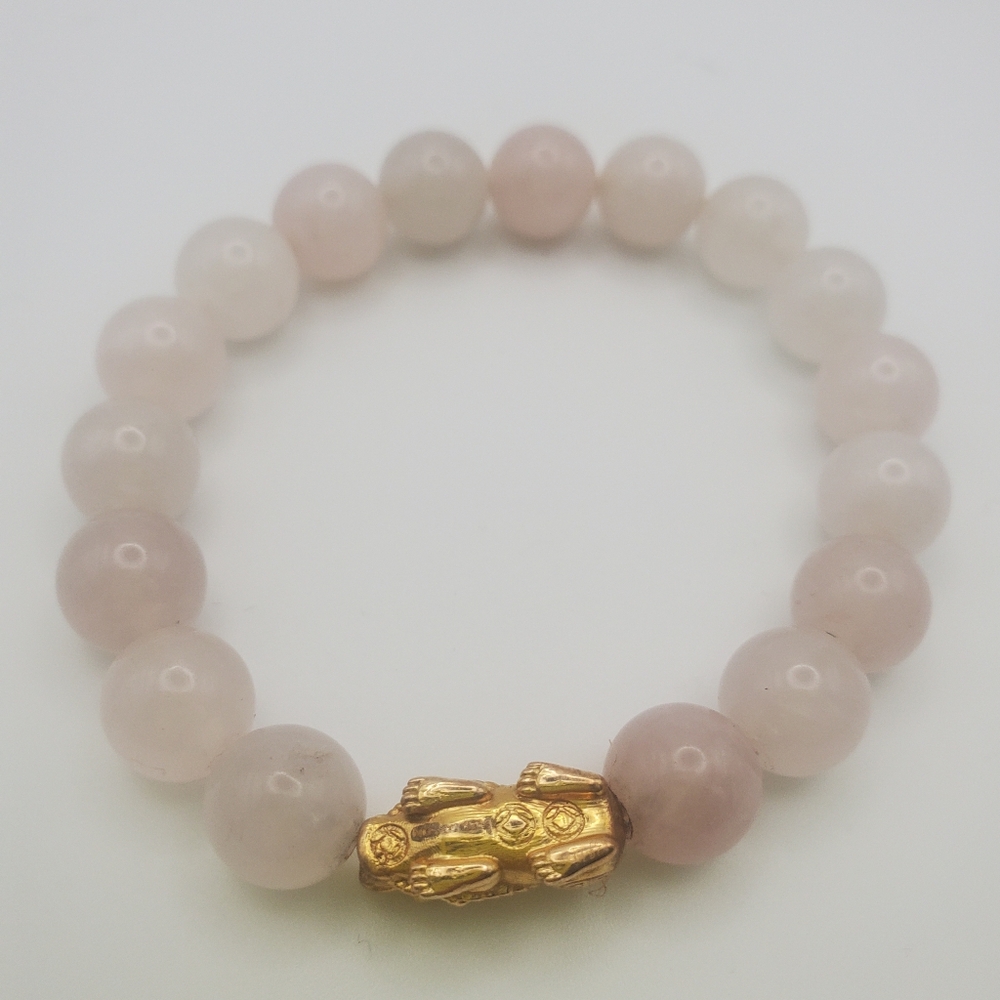 14K Gold Pixiu & Natural Rose Quartz Beads Stretch Bracelet Feng Shui Wealth - Picture 3 of 4